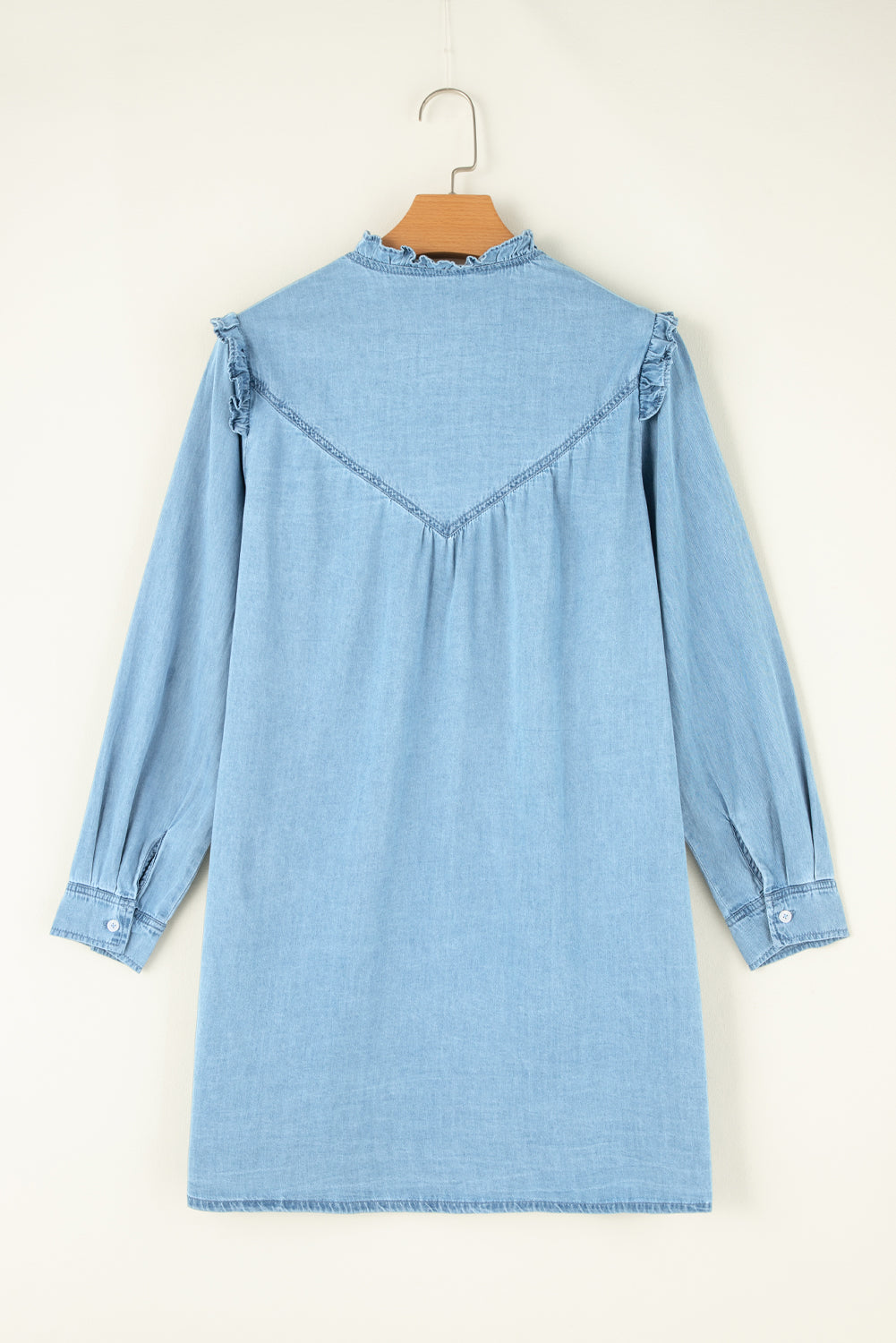 Sky Blue Classic Style Button Up Denim Dress with Long Sleeve