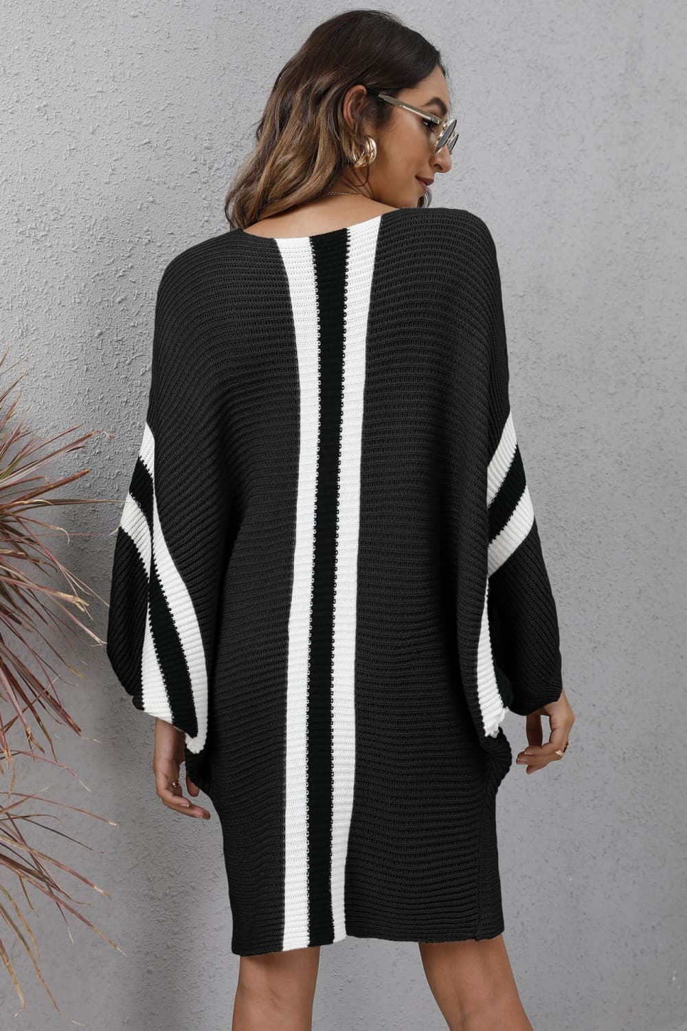 Chic  Ribbed  Sweater Dress with Round Neck & Long Dolman Sleeves