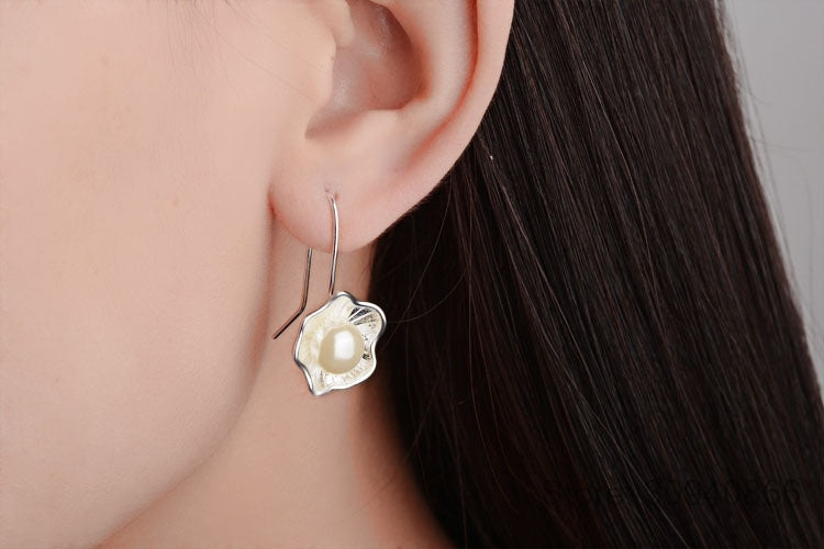 925 Sterling Silver Pearl Lotus Drop Hook Earrings.