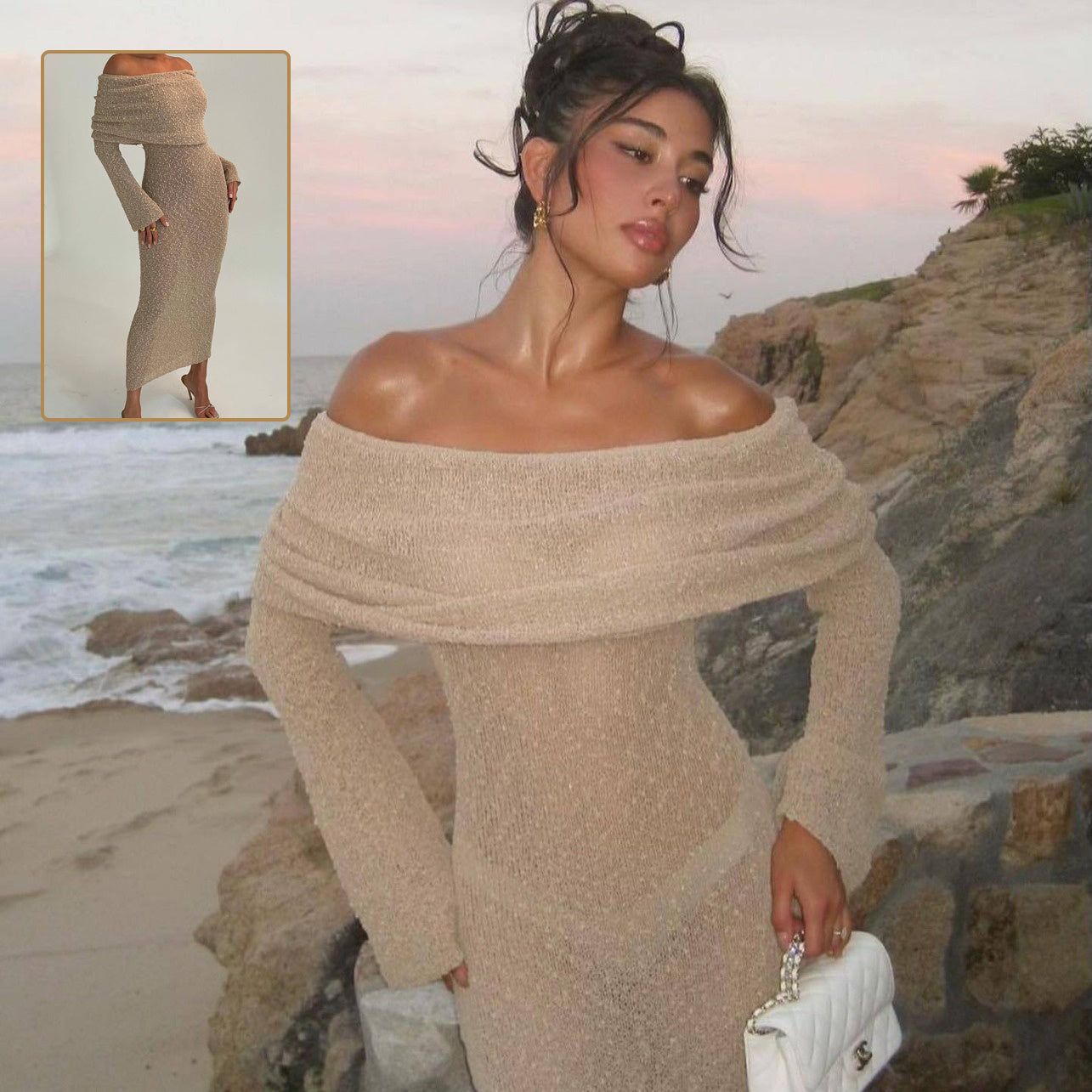 Beach Holiday One-shoulder Knitted Long-Sleeved Dress