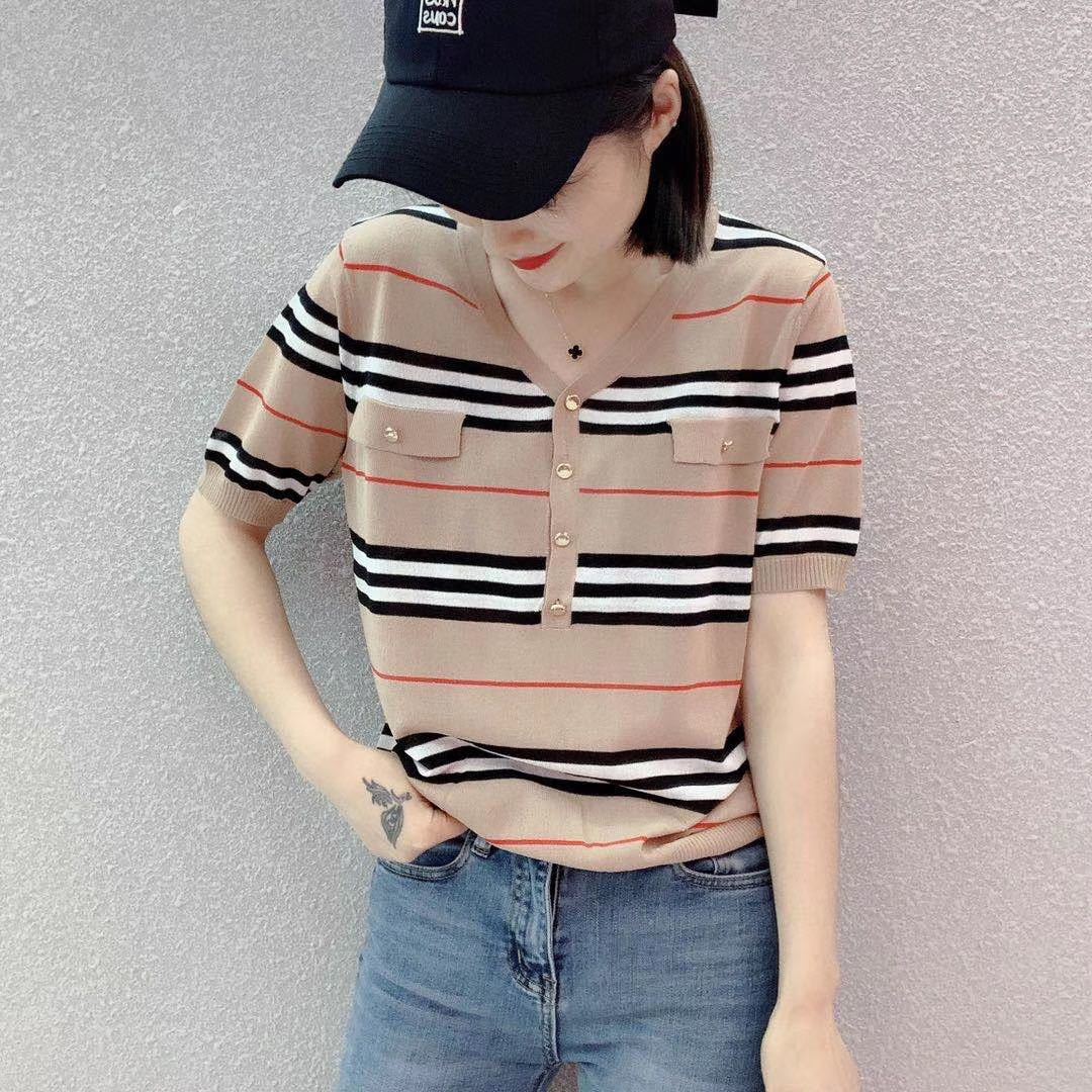 Khaki Striped Hemp  Blouse with Short Sleeves