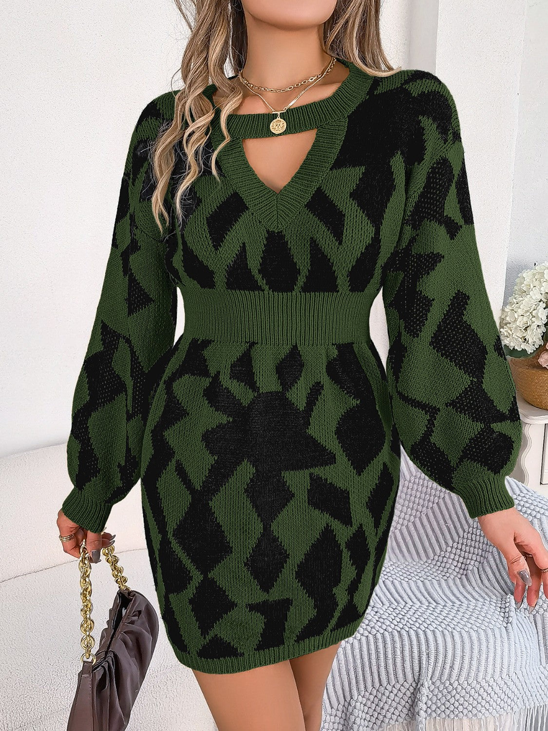 Unique Print Design Mini Sweater Dress with  Round Neck Cutout & Long Sleeve