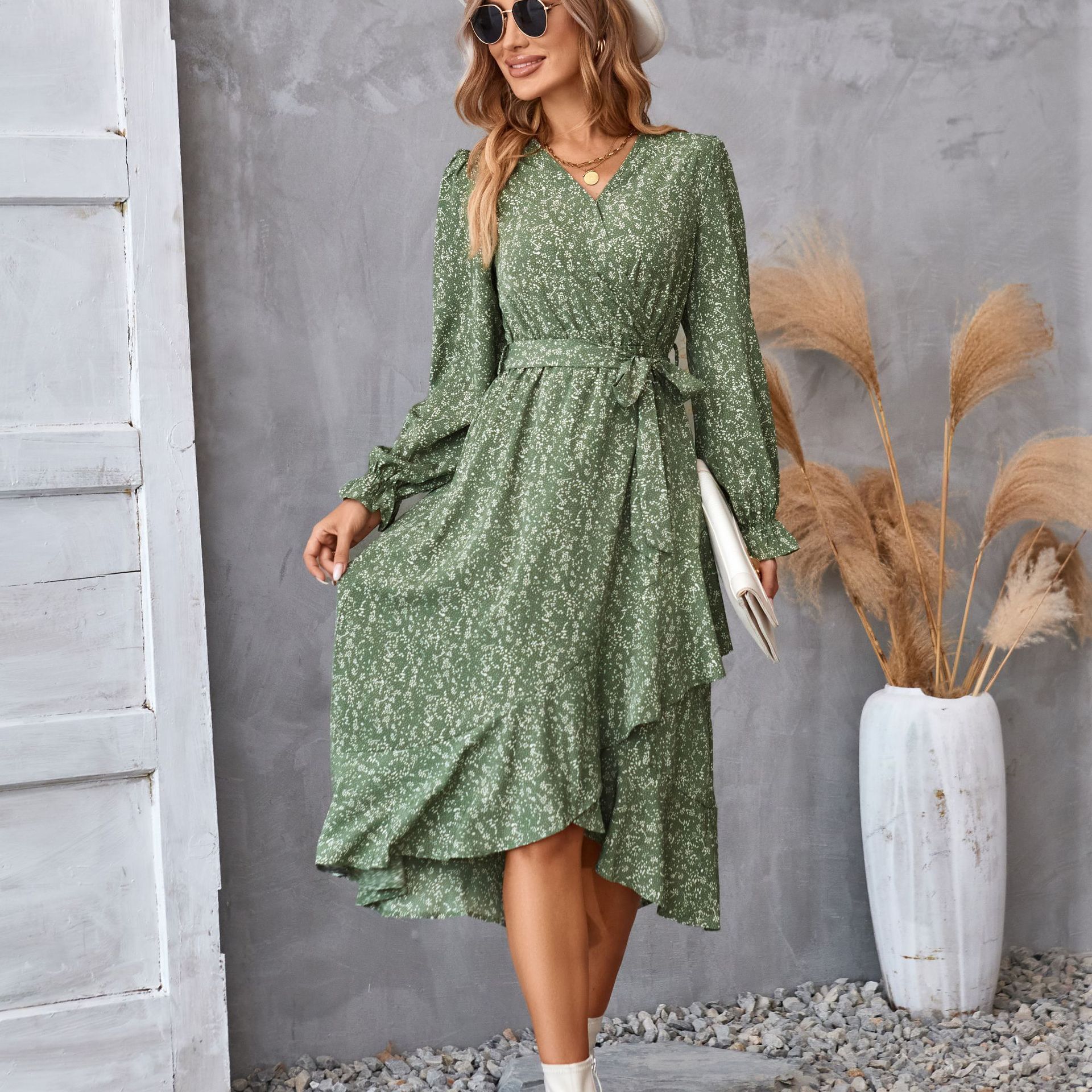 Flowers  Ruffled Print  Dress with Long  Petal Sleeve