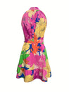 Sea Blue Mall French Style Tied Printed Mock Neck Sleeveless Dress floral midi dress summer Floral Sleeveless Dress Mock Neck Sleeveless Dress Ship From Overseas YO SeaBlueMall.com