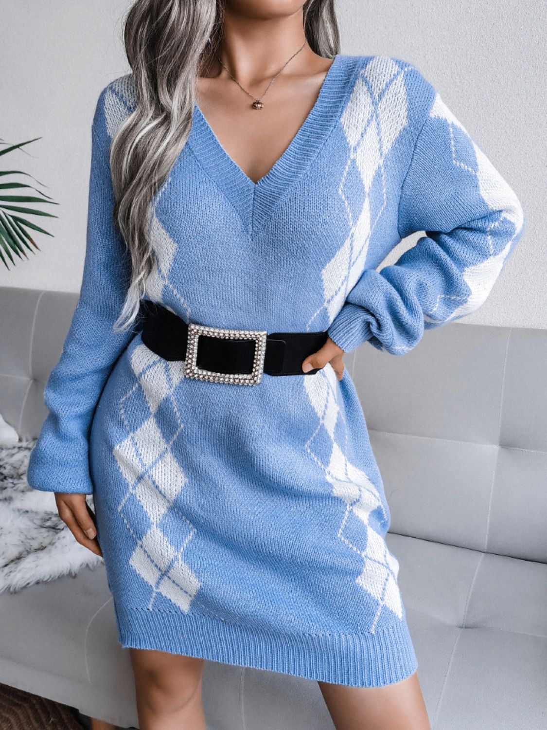 Woven Argyle V-Neck Ribbed Trim Sweater Dress