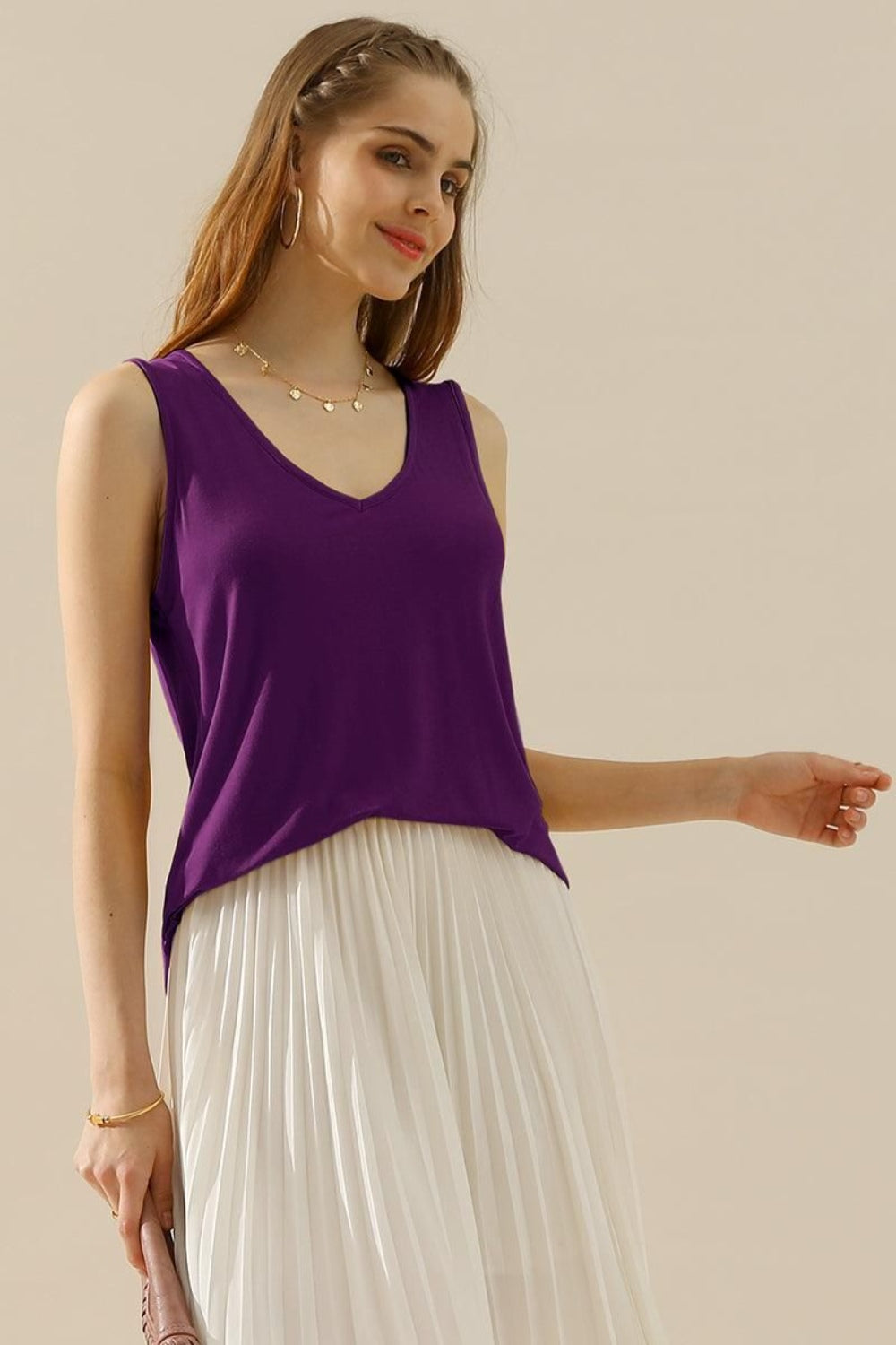 Sheer V-Neck Curved Hem Tank