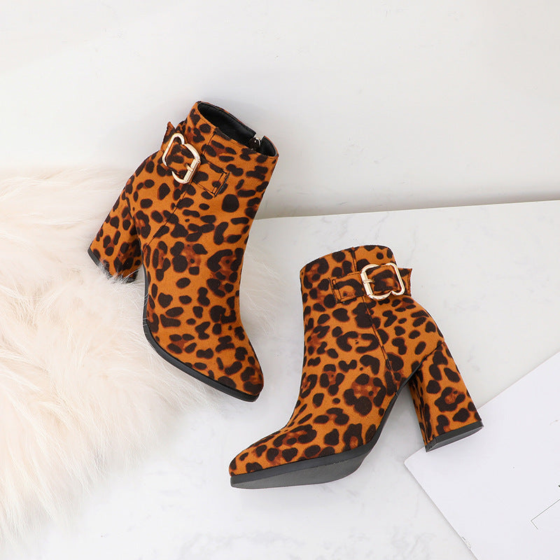 Leopard Print Chunky Heel Belt Buckle Boots with Side Zipper