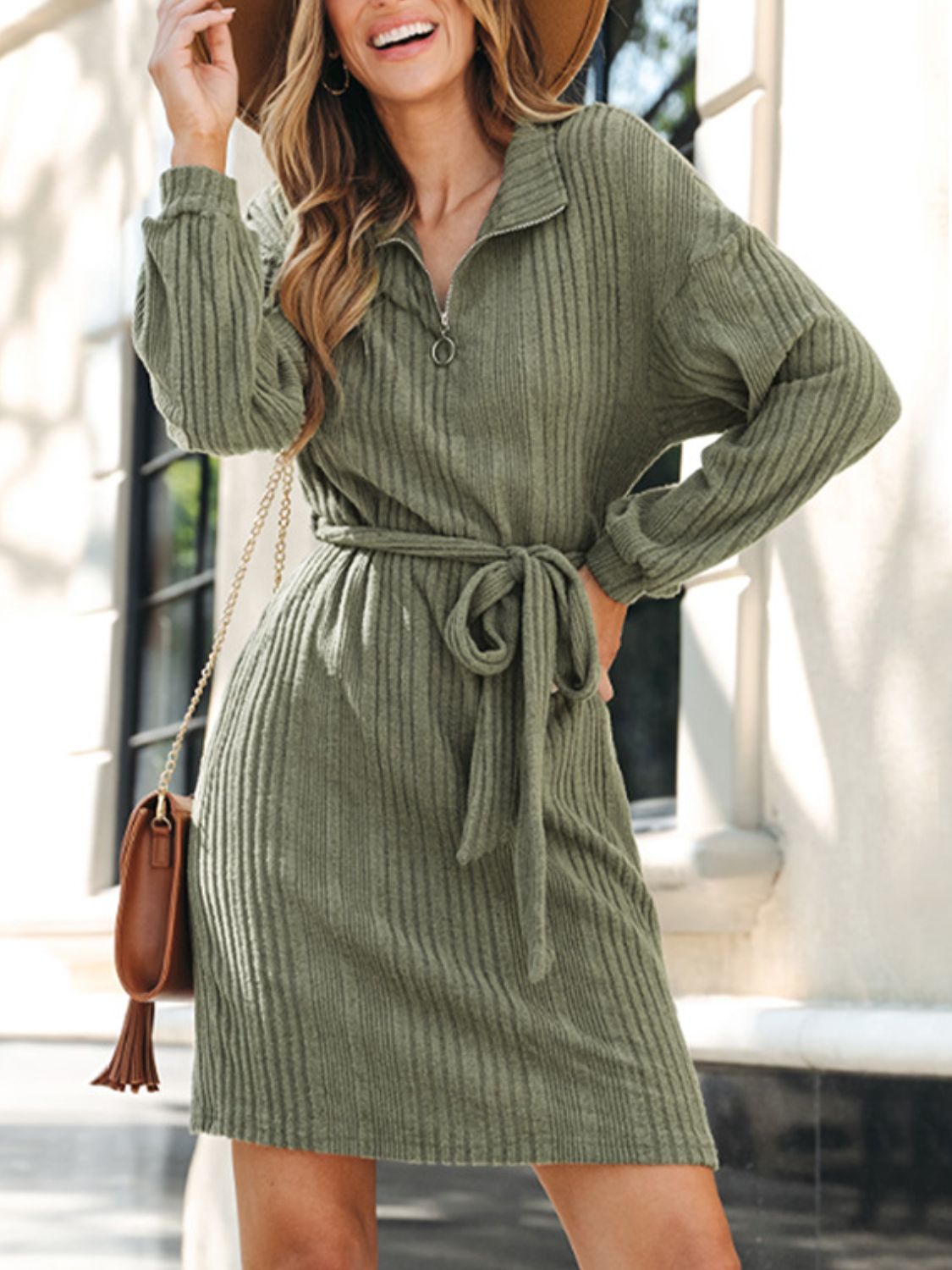 Moss GreenTied Quarter Zip Long Sleeve Dress