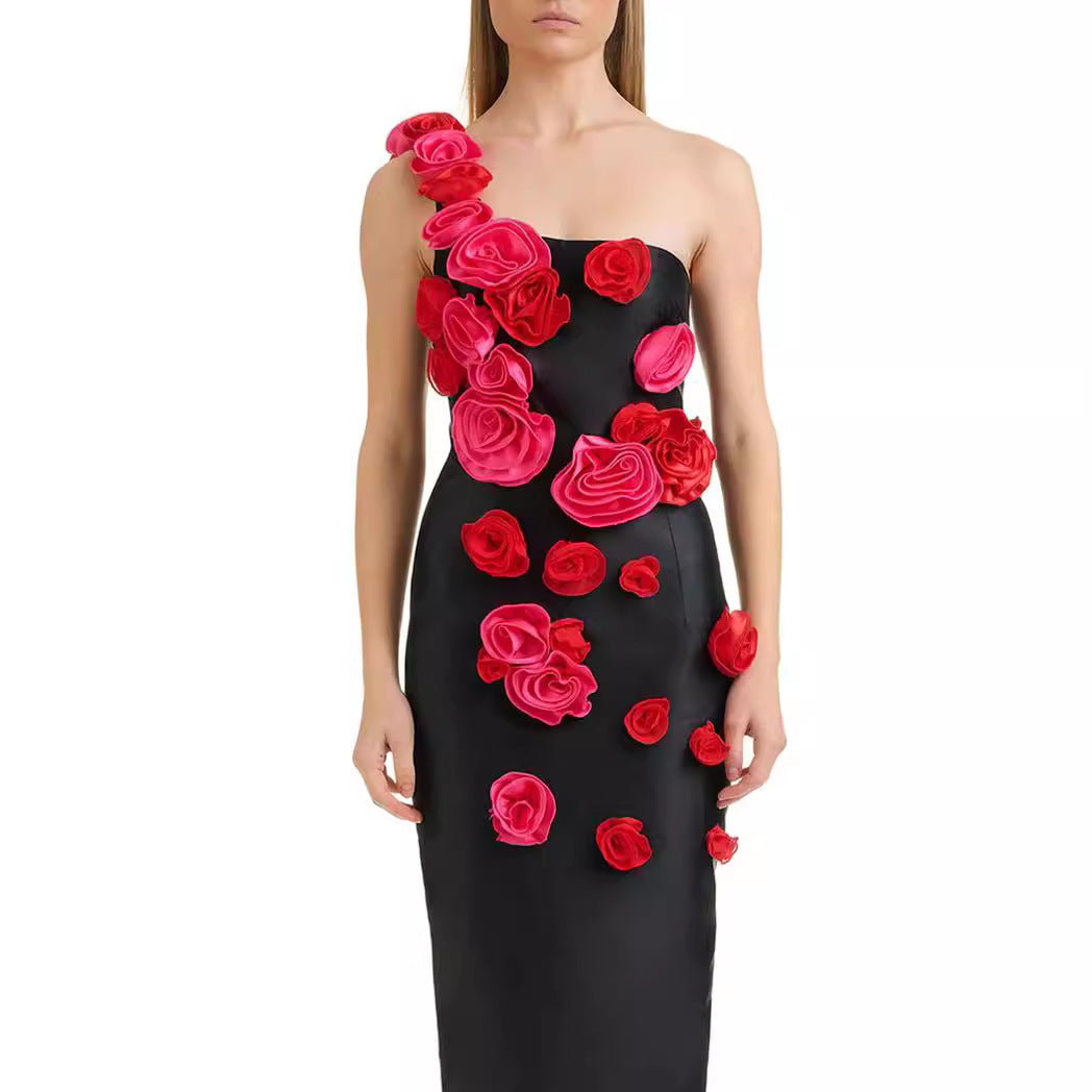 Shoulder Belt Flowers Bandage One-piece Dress