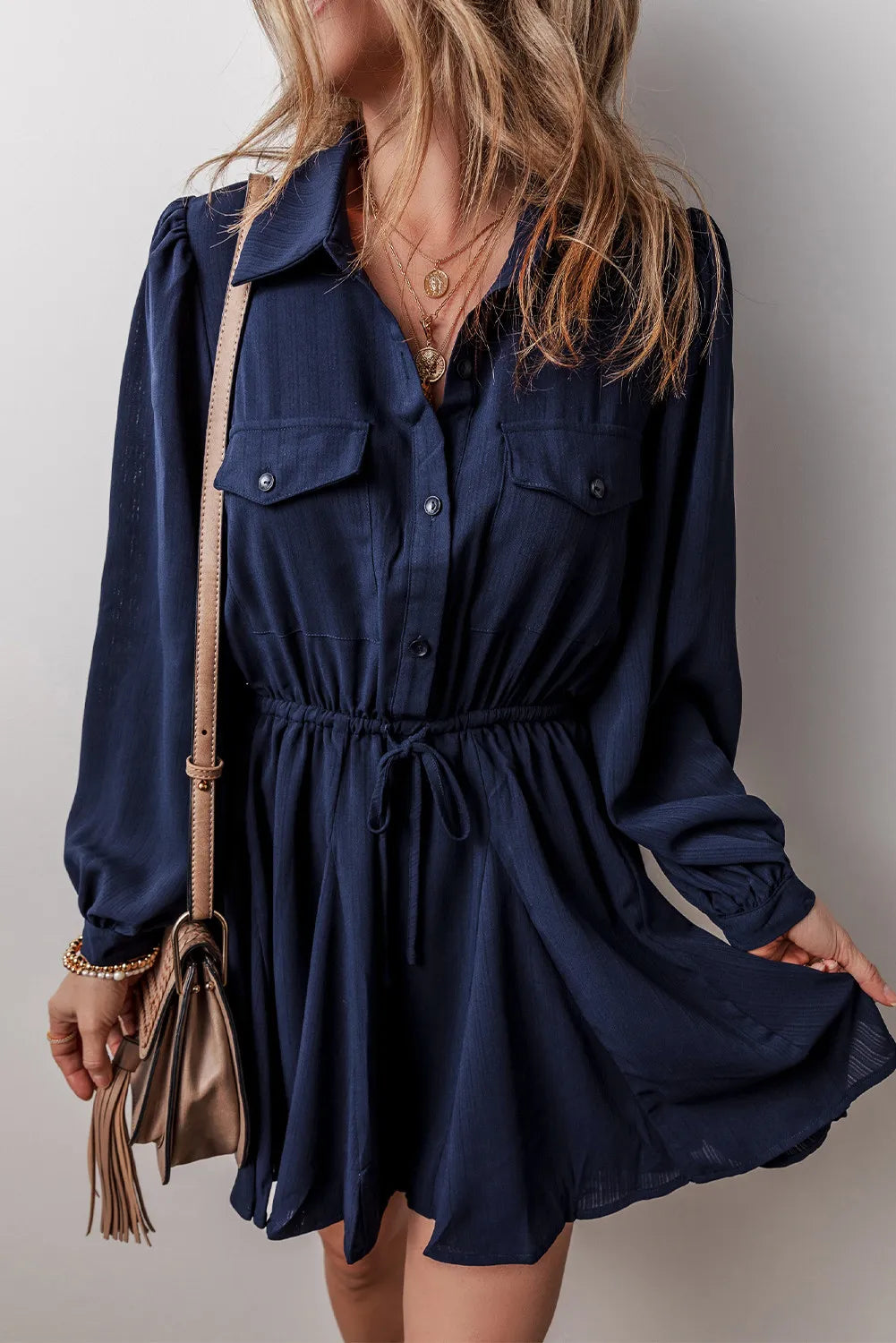 Sporty Chic Half Button Navy Dress with Long Sleeve & Drawstring