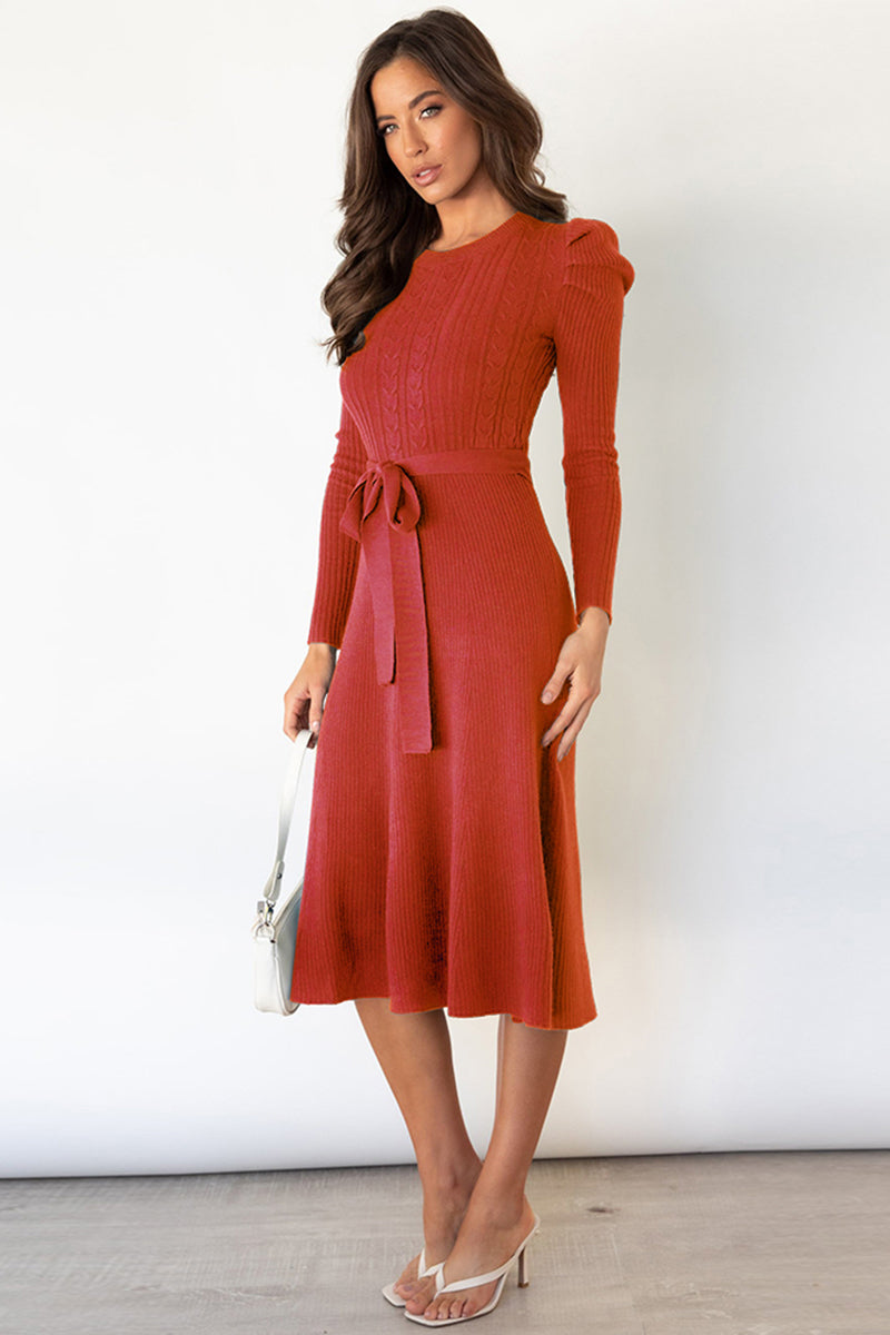 Round Neck Long Sleeve Tie Waist Midi Sweater Dress