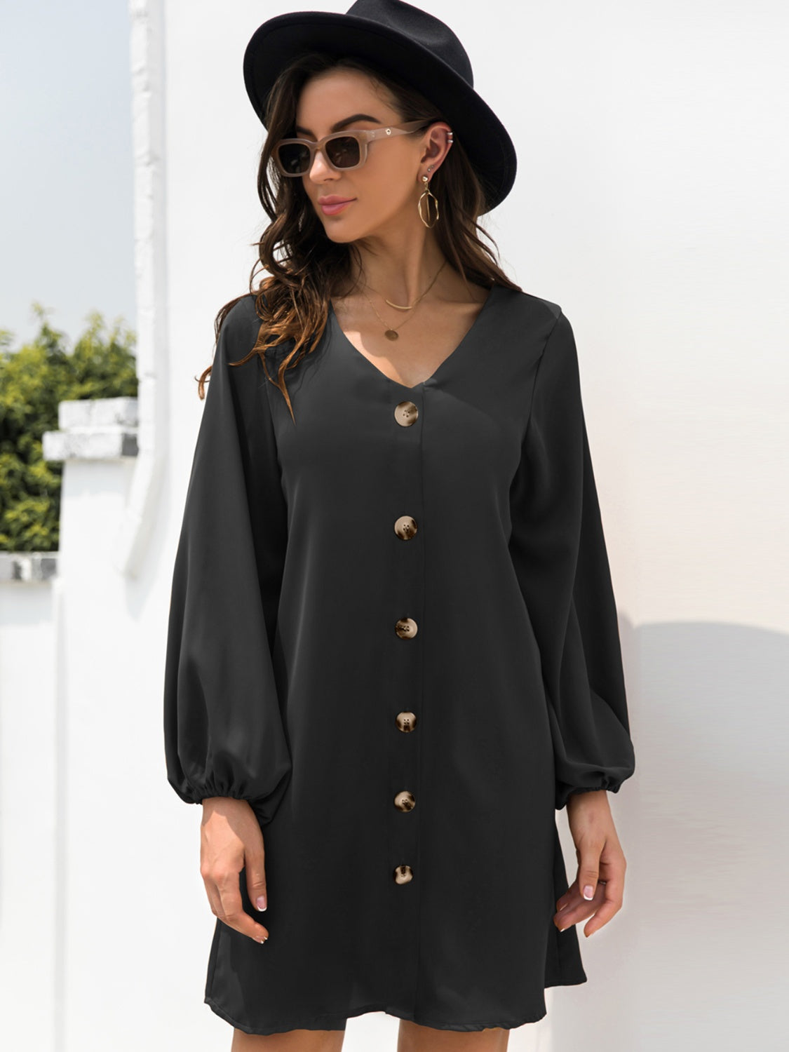 New Autumn  Mini Buttoned Dress with V-Neck & Long Sleeves