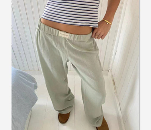 Striped Elastic High Waist Wide Leg Straight Pants