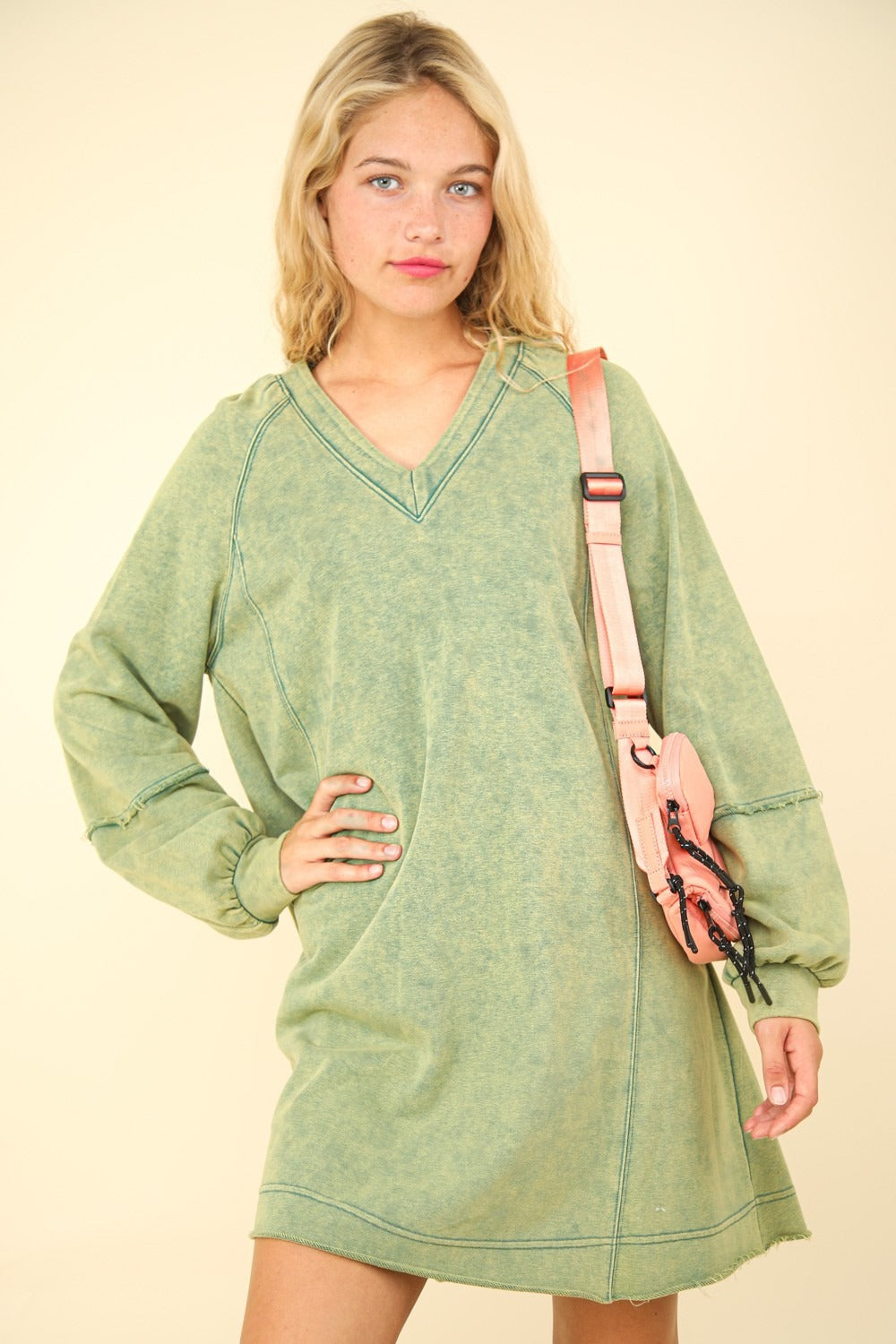 Autumn Mint Mineral Washed Oversized  Mini Dress with Long Sleeves