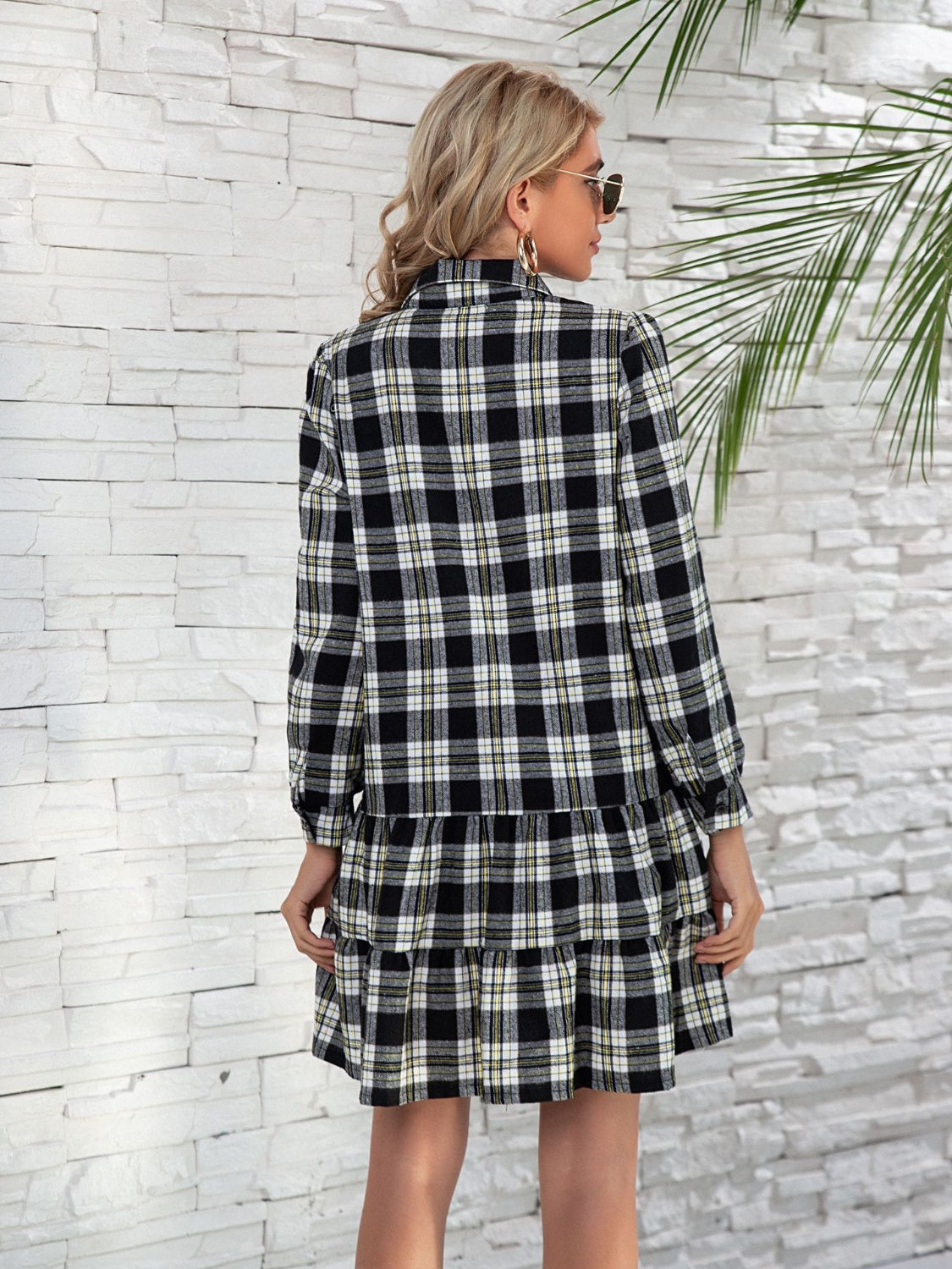 Shirt Style Checkered Plaid Button Down  Ruffle Hem  Dress with  Long Sleeve