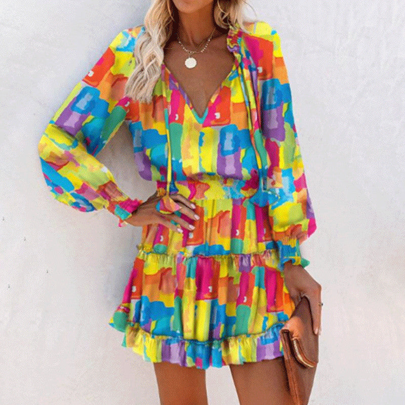 Flowers Patchwork  Print Long Sleeve Dress with Puff Sleeve