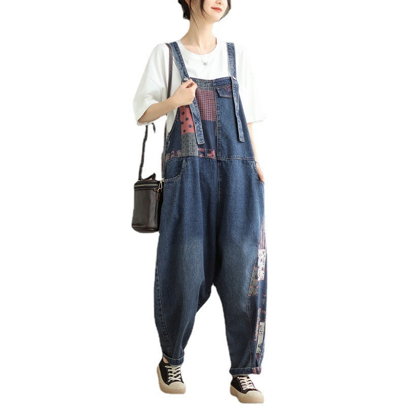 Print Spliced Nine Split Denim Strappy Overalls