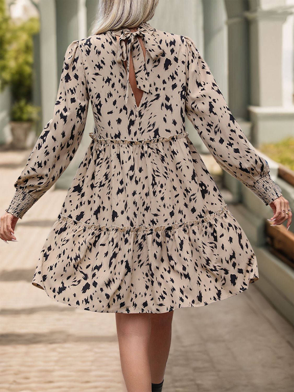 Stylish Printed Mini Dress with  Long Sleeve & Trendy Mock Neck