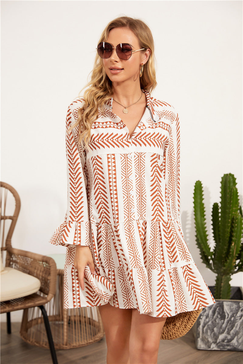 Spring Style  Boho Swing Ruffle Dress with Long Sleeves