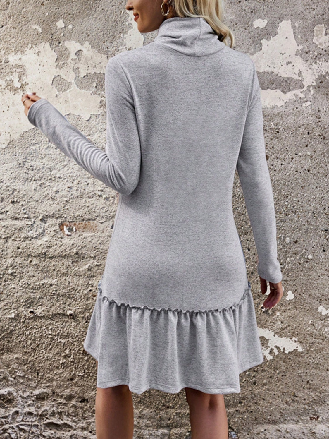 Gray Frill Turtleneck Long Sleeve Dress