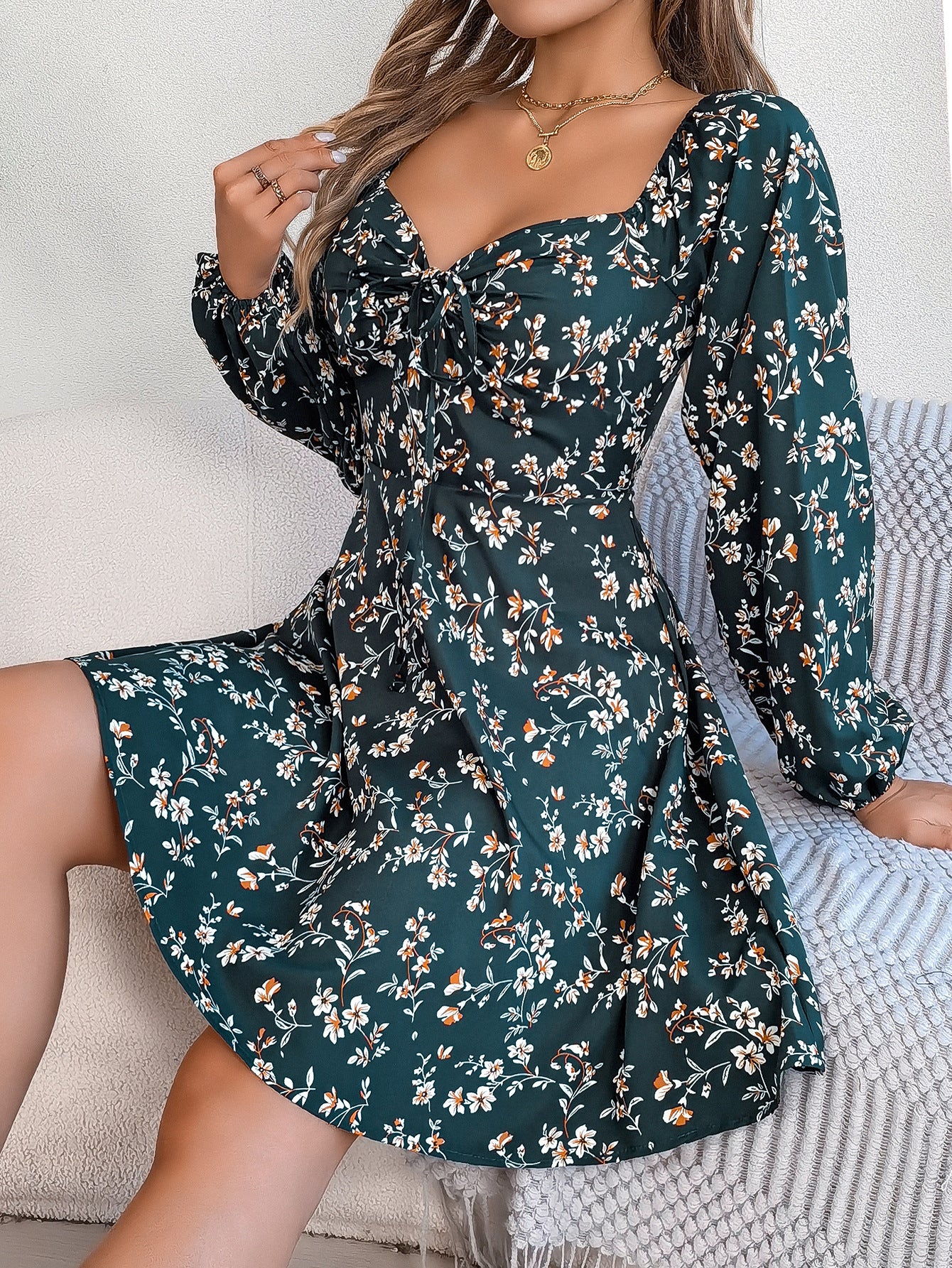 Chiffon Floral Print Short Square Neck  Dress with Long Lantern  Sleeve