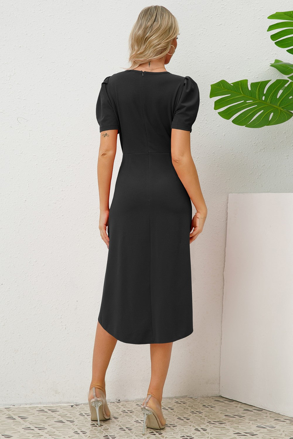 Sea Blue Mall Regal Puff Sleeve Slit Ruched Round Neck Dress Ruched ruched dress Ruched Slit Surplice Wrap Dress Slit Ruched Round Neck Dress SeaBlueMall.com