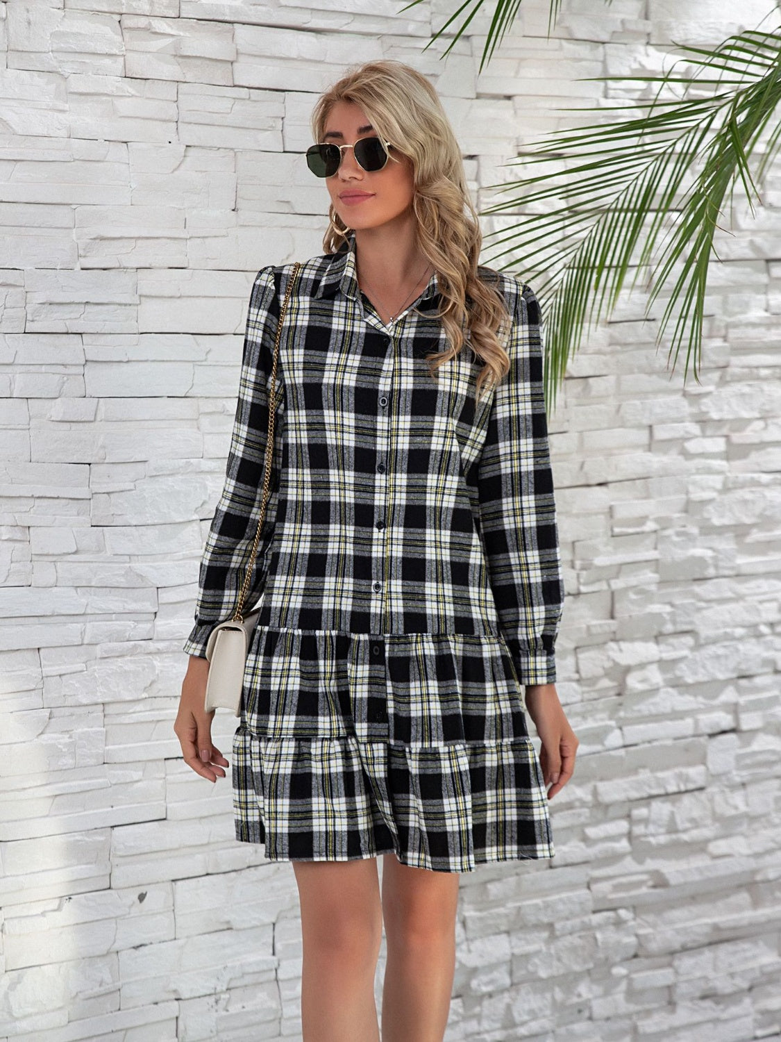 Shirt Style Checkered Plaid Button Down  Ruffle Hem  Dress with  Long Sleeve