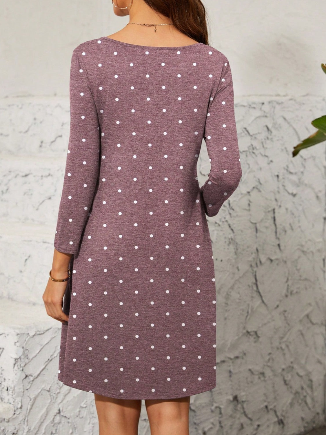 Mauve Polka Dot Quarter Zip  Dress with Long Sleeves