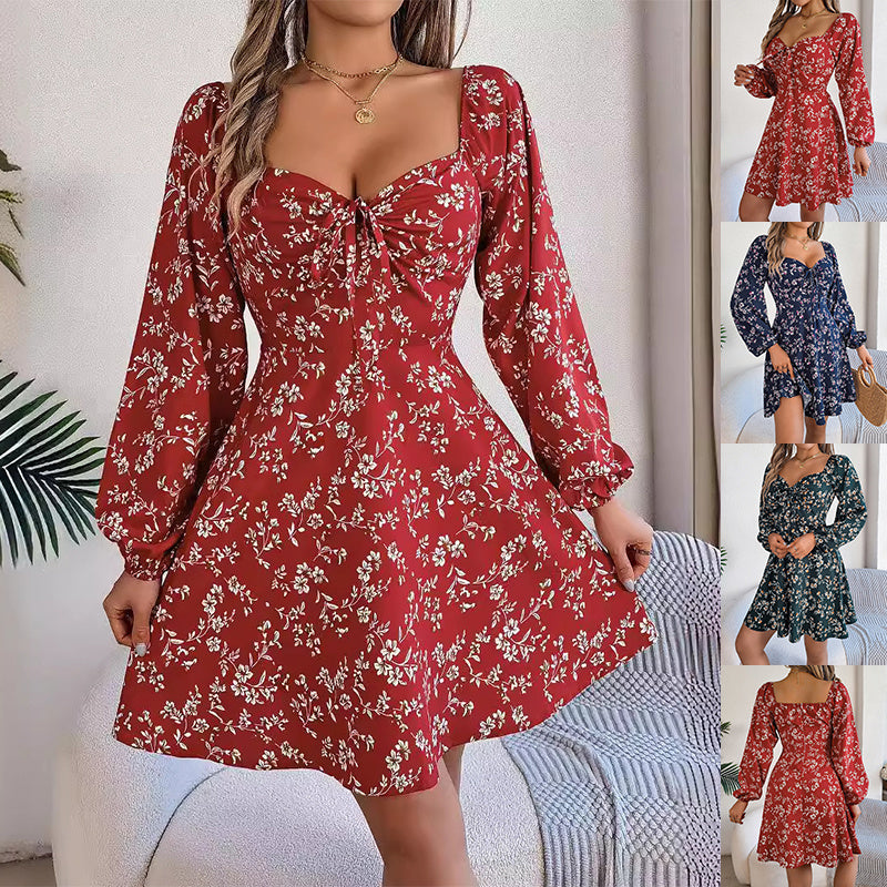 Chiffon Floral Print Short Square Neck  Dress with Long Lantern  Sleeve