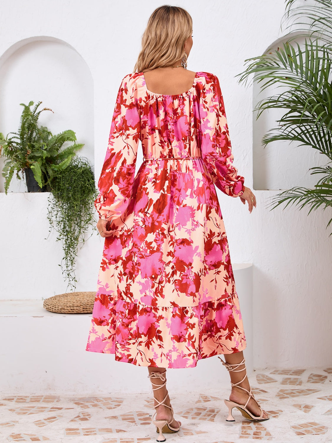 Happy Boho Printed Midi Dress with Long Sleeve