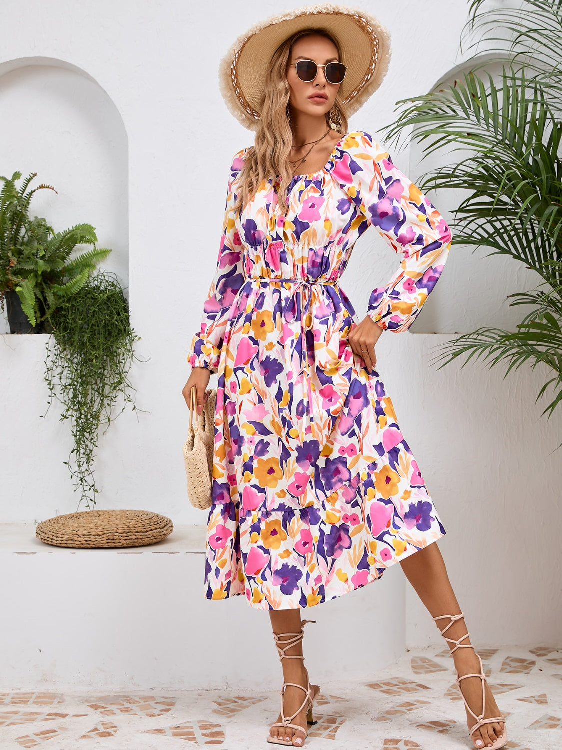 Happy Boho Printed Midi Dress with Long Sleeve