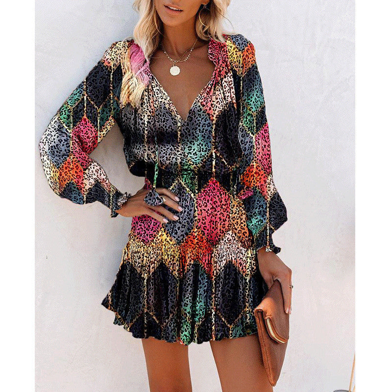 Flowers Patchwork  Print Long Sleeve Dress with Puff Sleeve