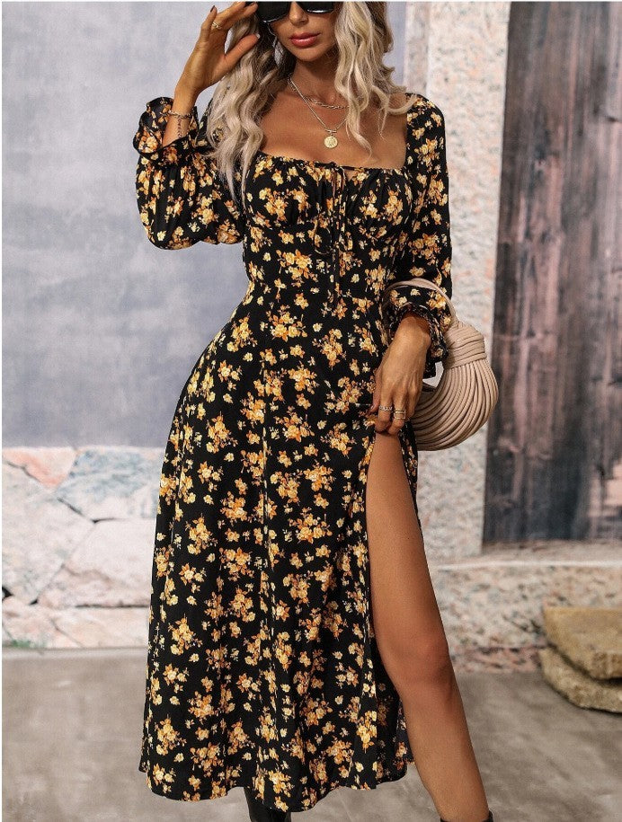 Flowers   Printing Long Sleeve Dress with Square-neck