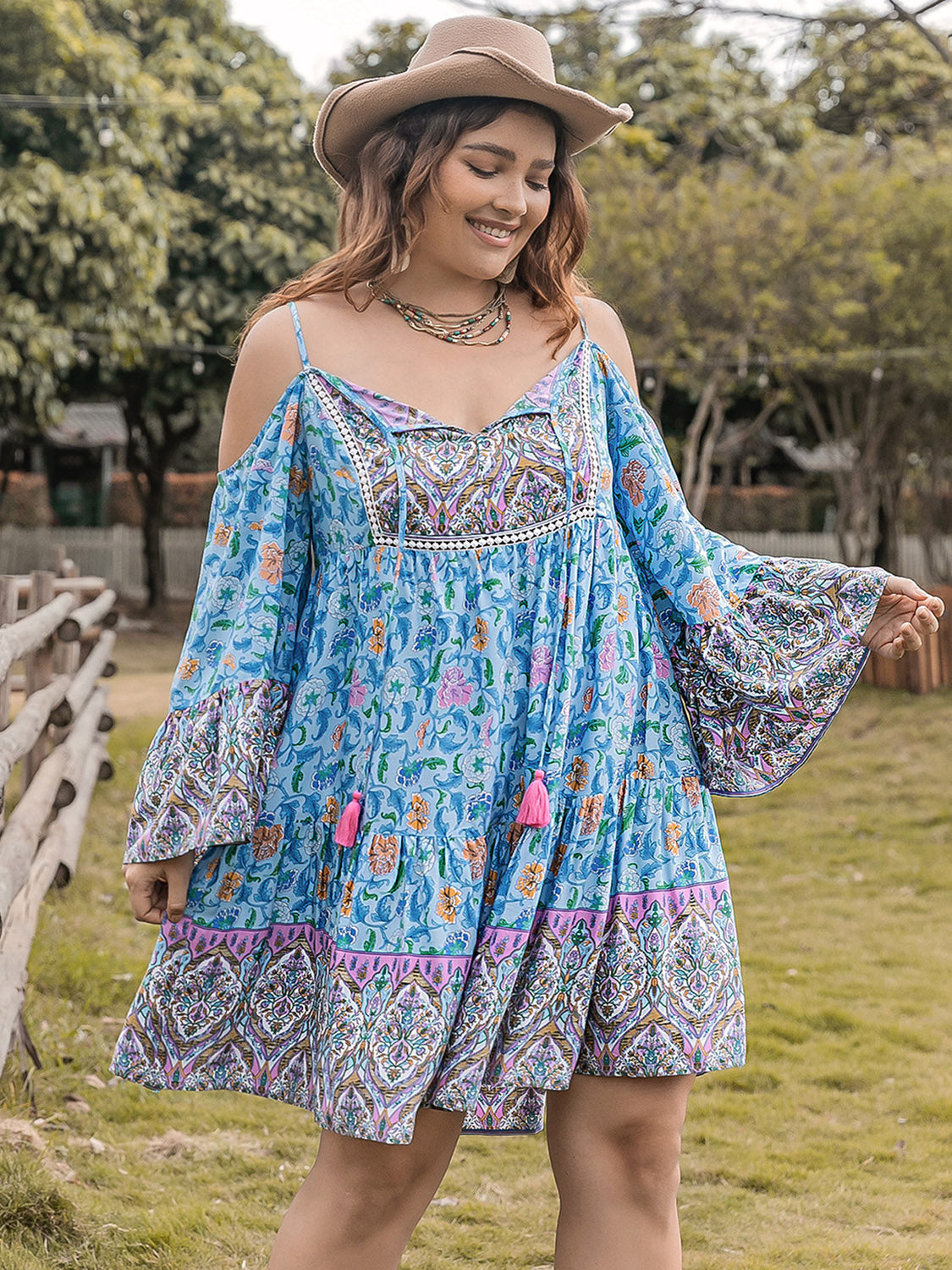 Boho Printed  Plus Size Printed Mini Dress with  Long Sleeve