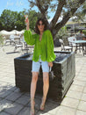 Chic Green Silk Crepe Top with Collar and Cuff Embellishments