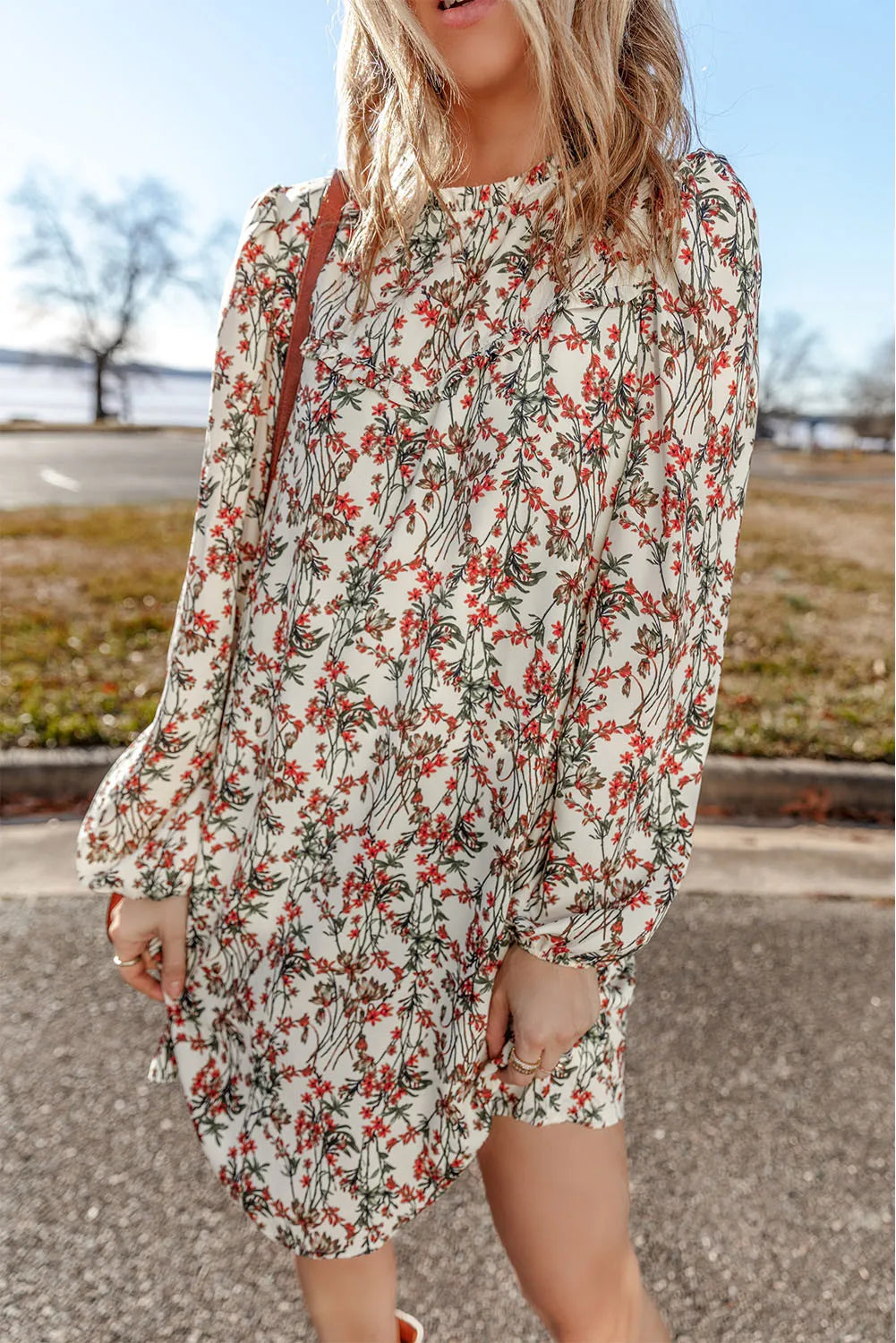 Fall Floral Round Neck  Mini Dress with Long Sleeve