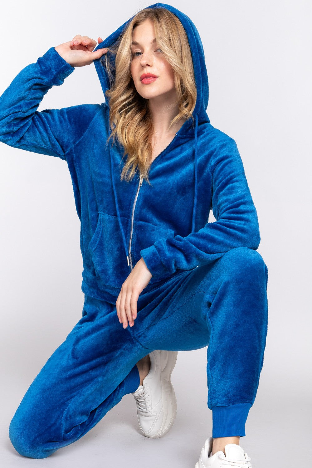 Blue Faux Fur Zip Up Long Sleeve Hoodie and Joggers Set