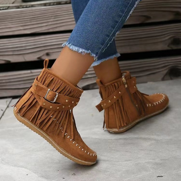 Retro Flat Ankle Moccasin Boots With Rivet Tassel