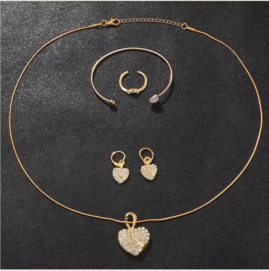 6 Piece Matching Gold Diamond Bracelet, Quartz Watch, Necklace, Ring, Earrings Set