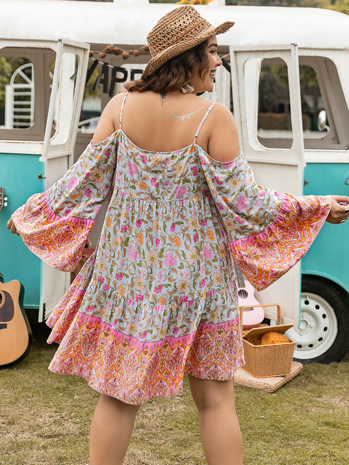 Boho Printed  Plus Size Printed Mini Dress with  Long Sleeve