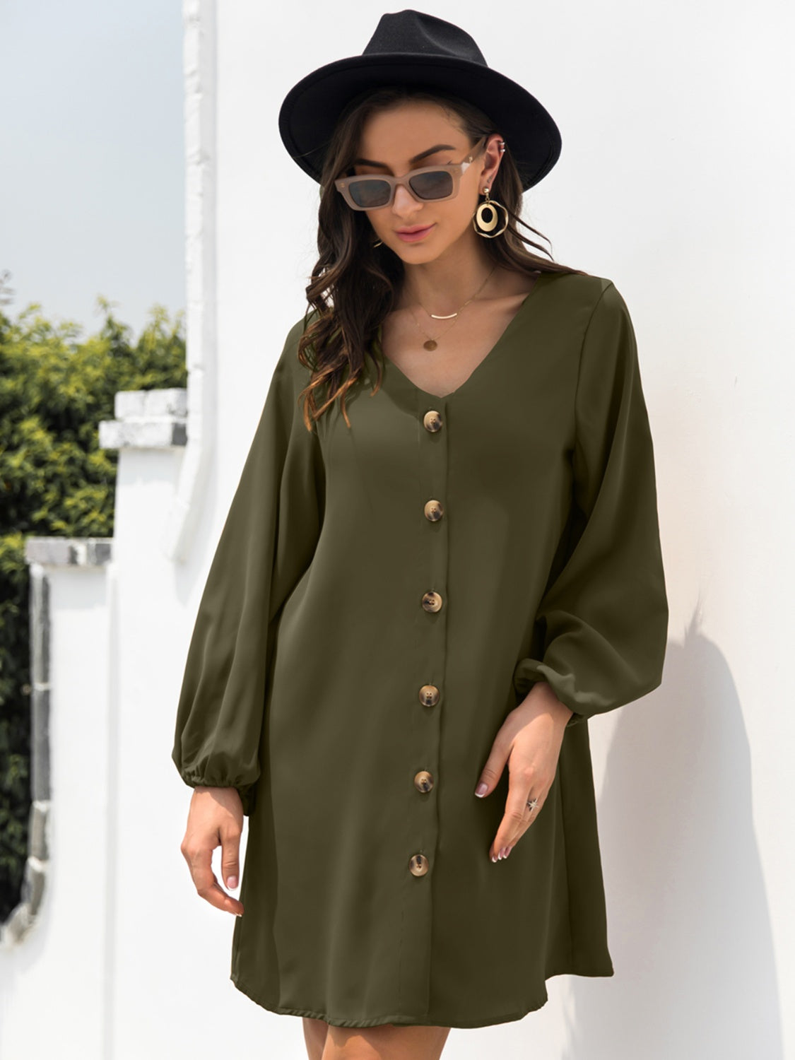 New Autumn  Mini Buttoned Dress with V-Neck & Long Sleeves