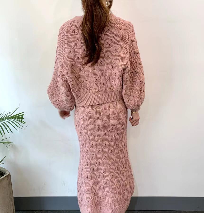 Knitted Coat Lantern Sleeve 2-piece Dress