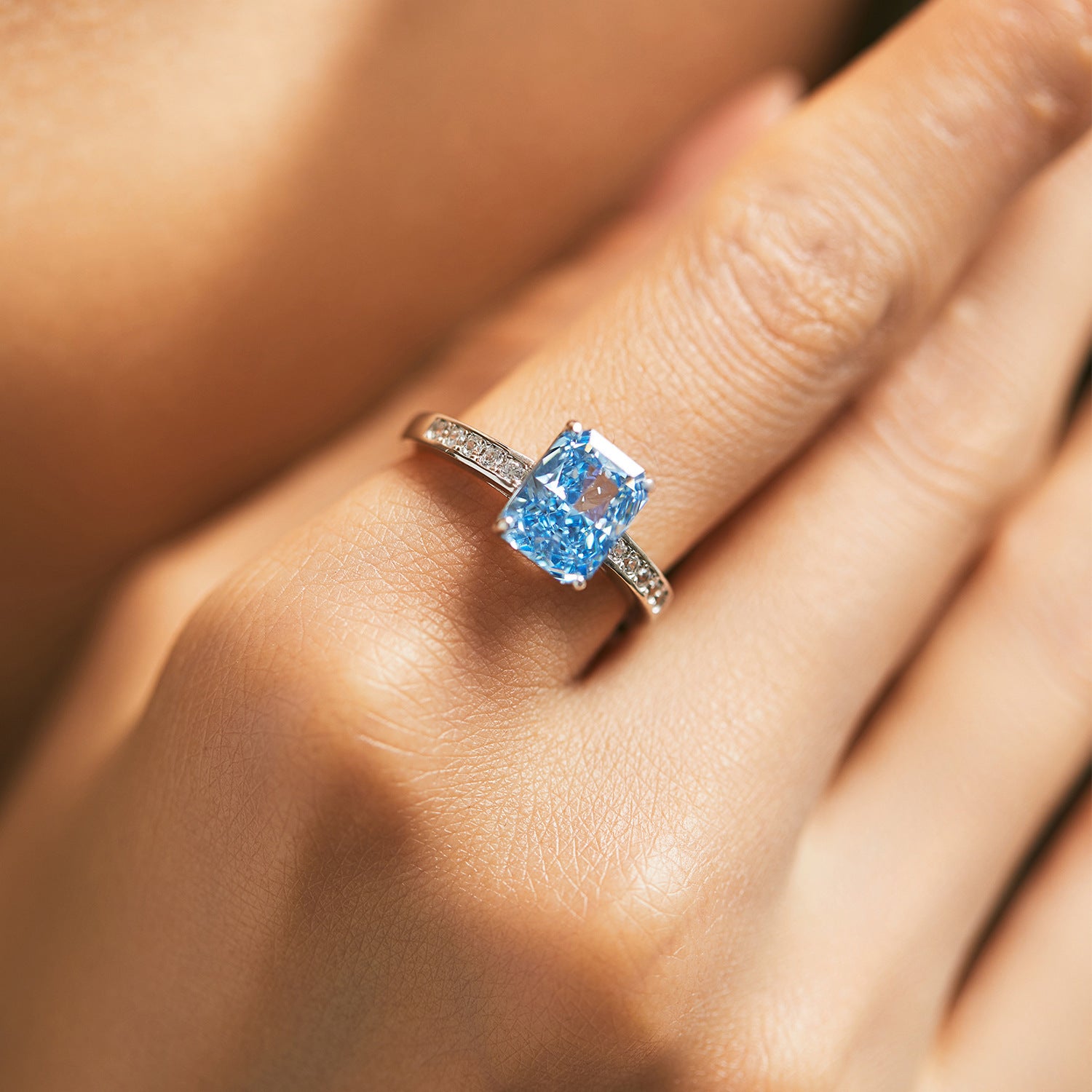 Cool Blue Ice Flower Emerald Cut CZ Ring, 925 Sterling Silver.