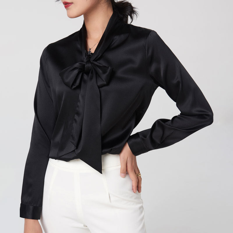 Bow Beauty V-neck Silk Ribbon Shirt