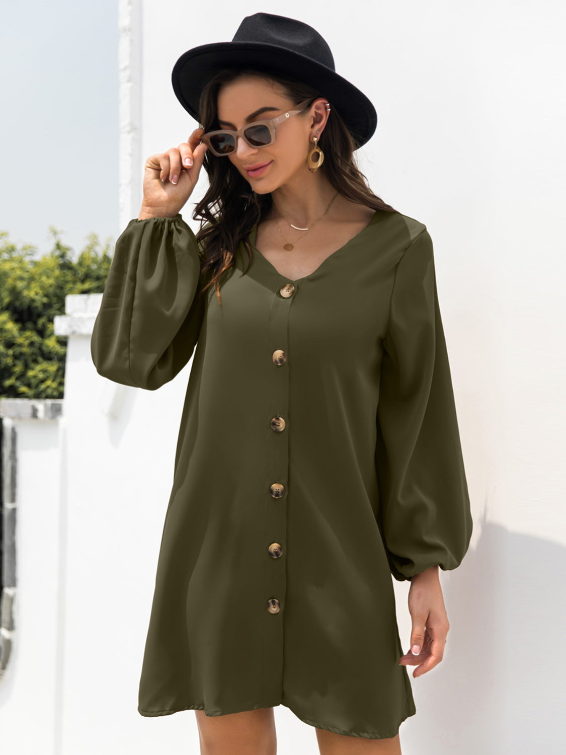 New Autumn  Mini Buttoned Dress with V-Neck & Long Sleeves