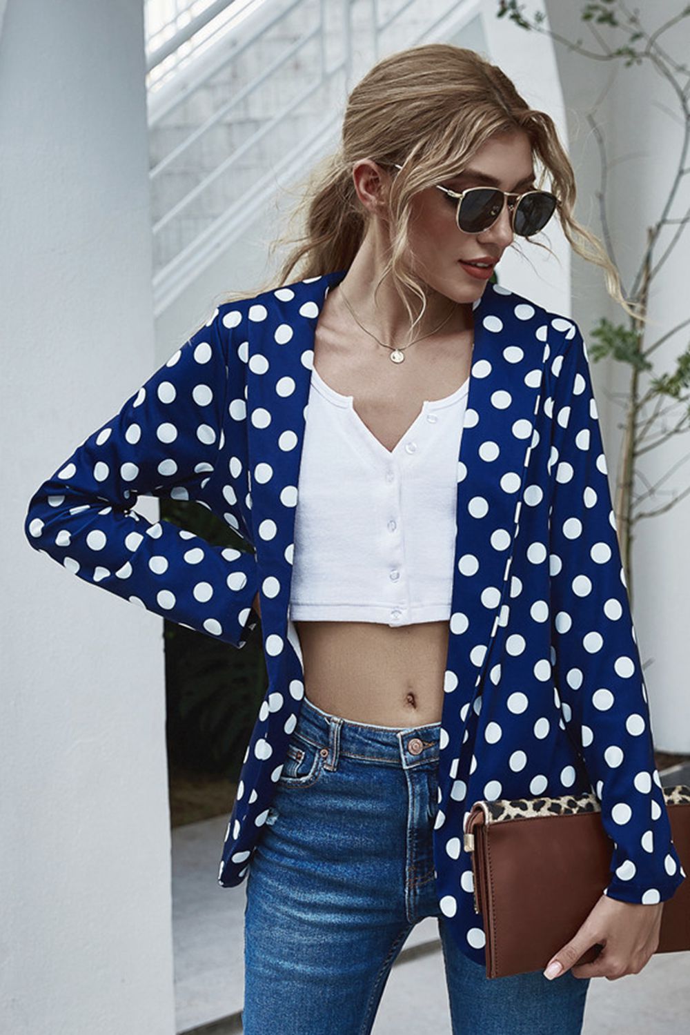 Classic Polka Dot Navy Blue Long Sleeve Blazer