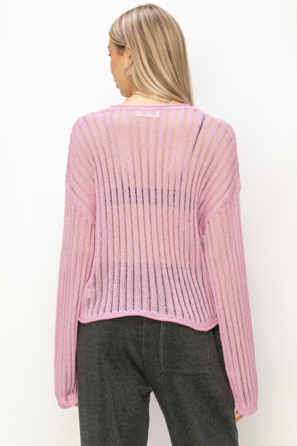 Candy Pink Ribbed Long Sleeve Knit Top