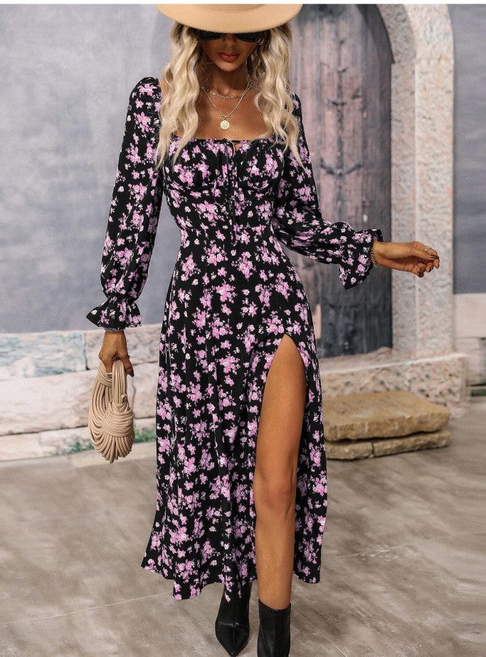 Flowers   Printing Long Sleeve Dress with Square-neck