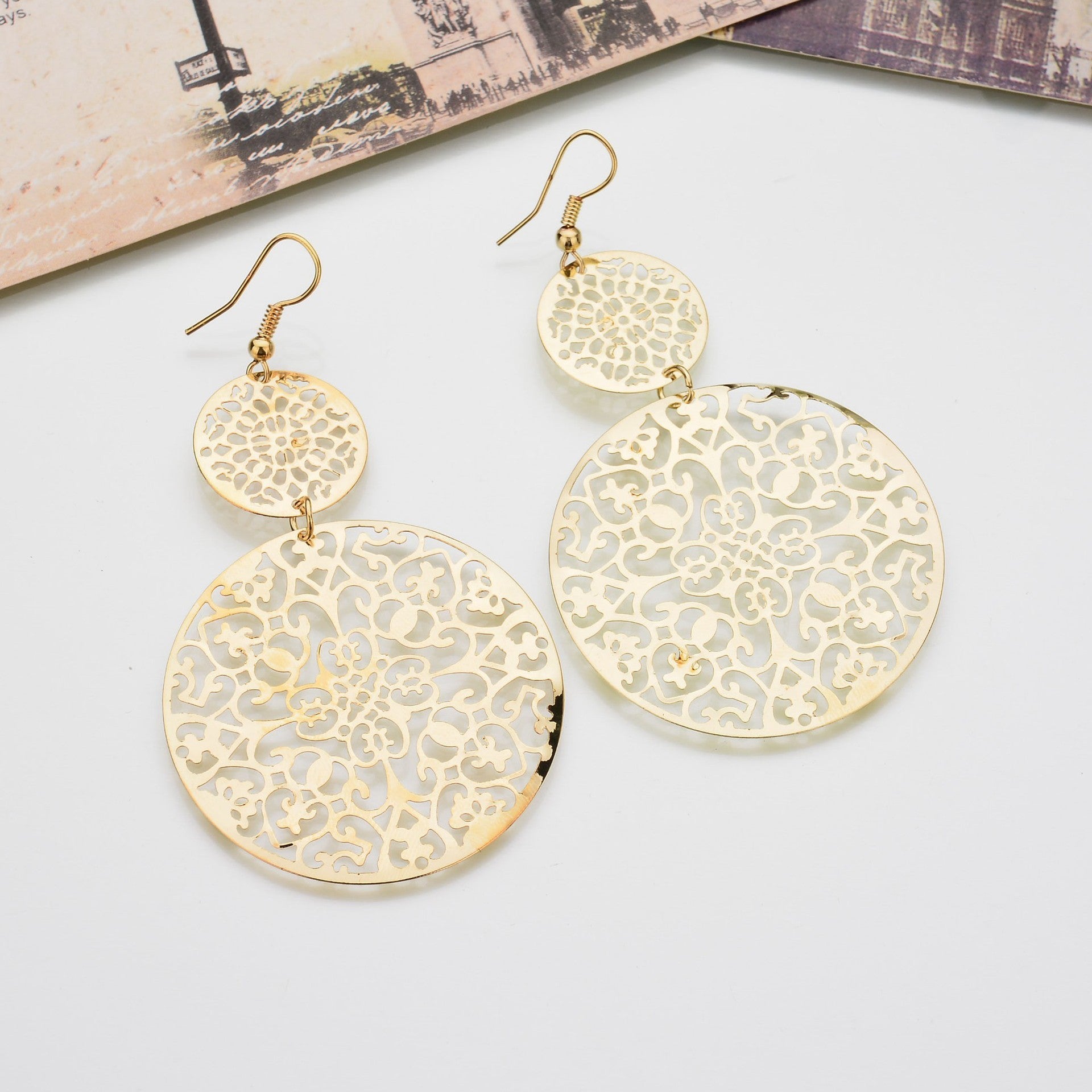 Round Pattern Drop Dangle Earrings Gold Overlay.