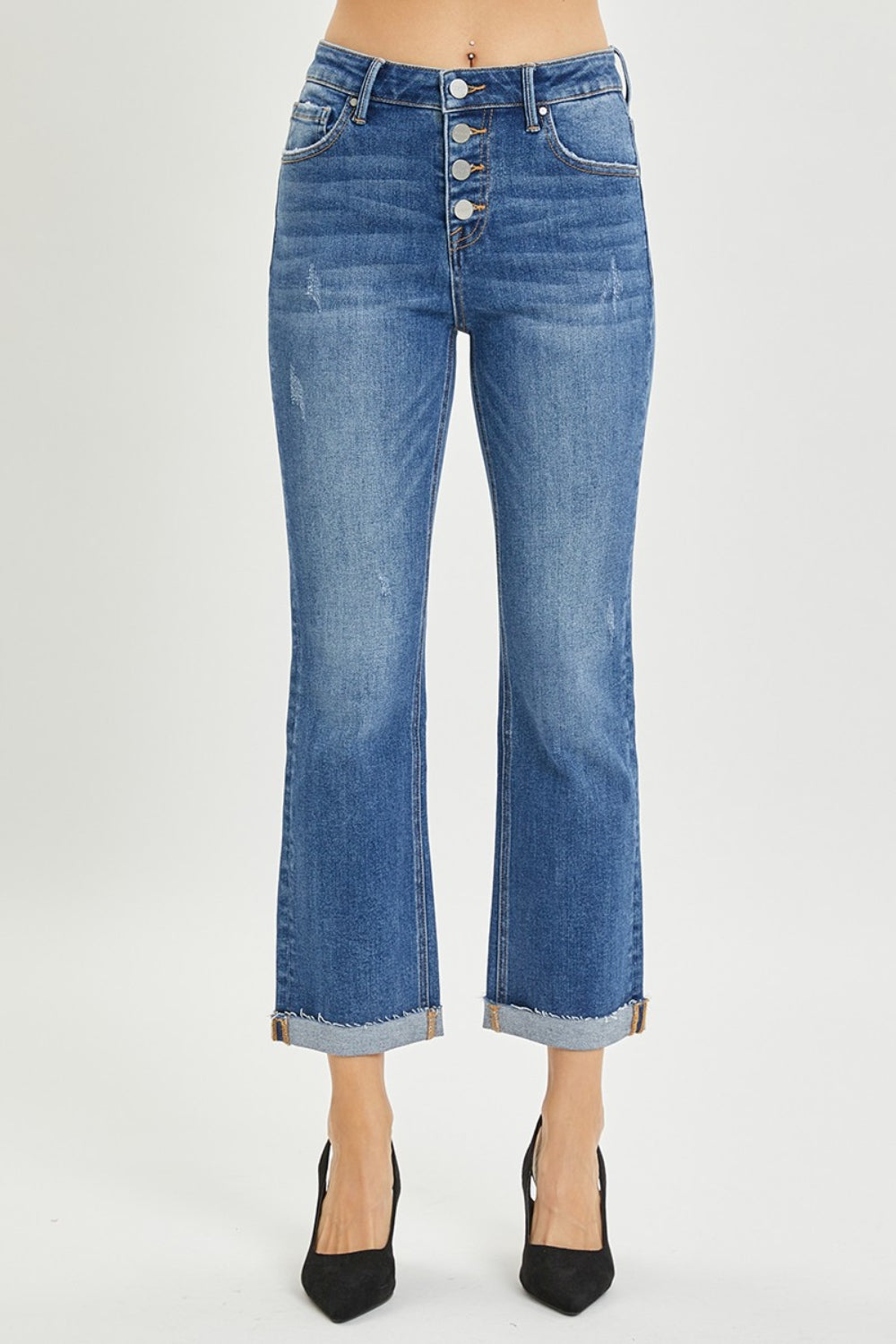 High Waist Button Fly Cropped Bootcut Jeans